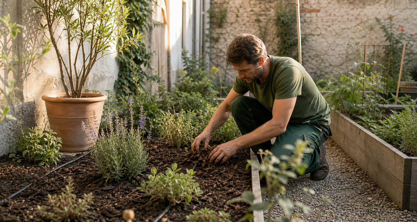 Gärtner arbeitet in einem Wiener Innenhofgarten an einem Beet mit Mulchschicht und Tropfbewässerung, realistische Servicefotografie ohne Logos und ohne Text