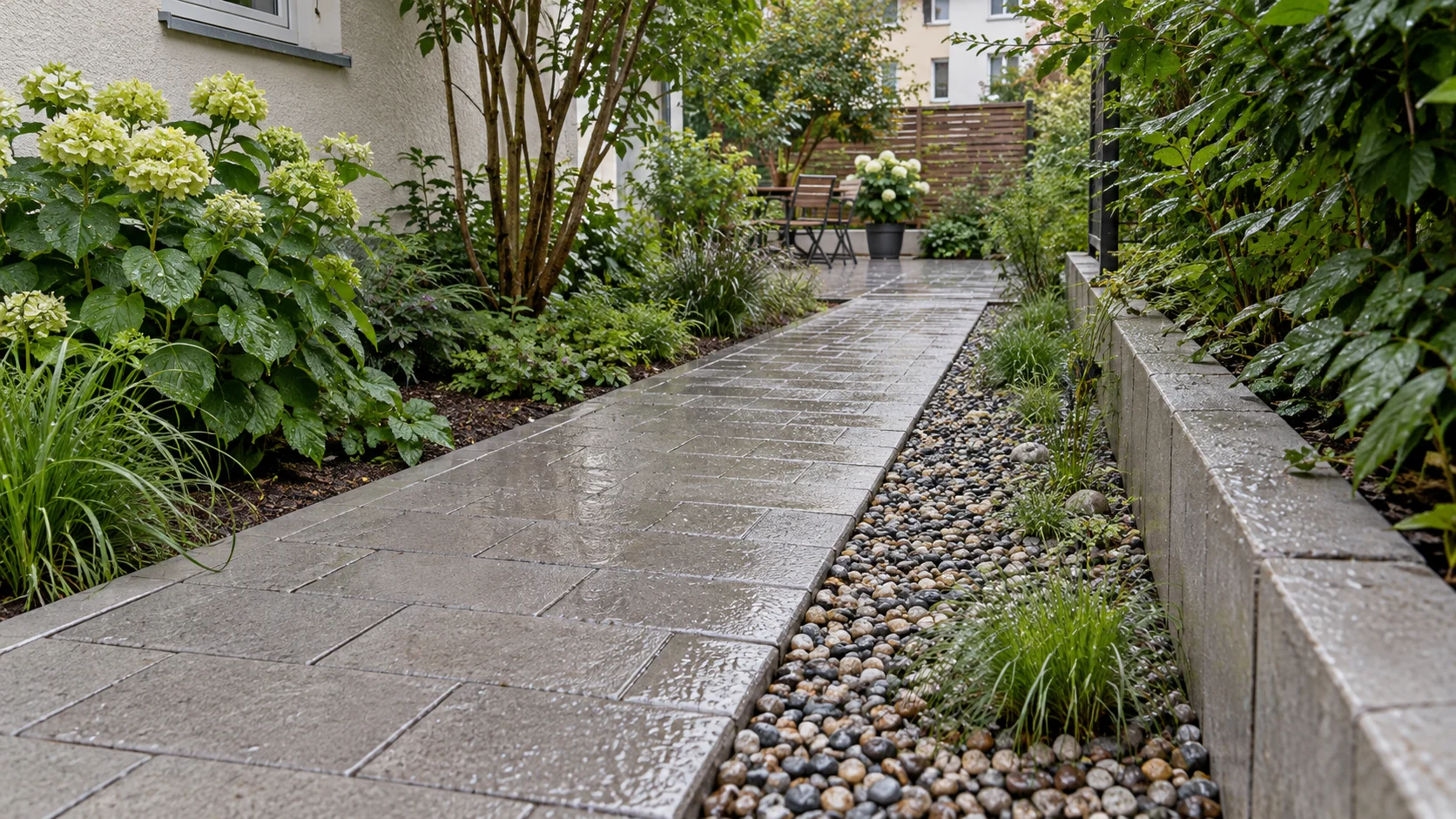 Nasser gepflasterter Gartenweg mit seitlichem Kies- und Pflanzstreifen nach einem Regenschauer