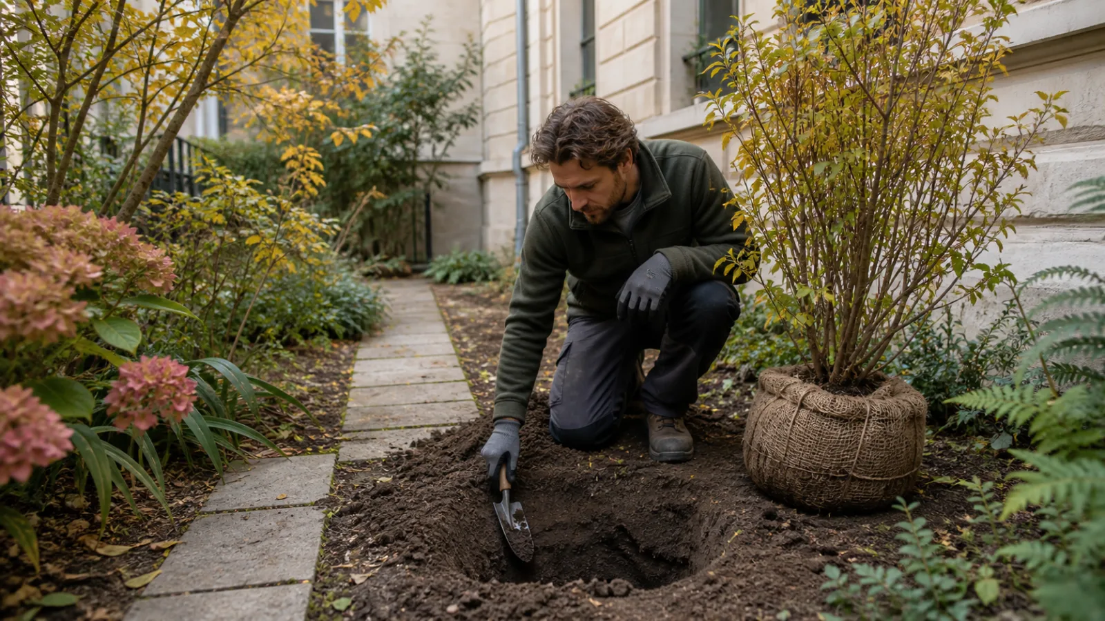 Gärtner prüft im Herbst den Boden neben einem ballierten Strauch in einem kleinen Wiener Innenhofgarten