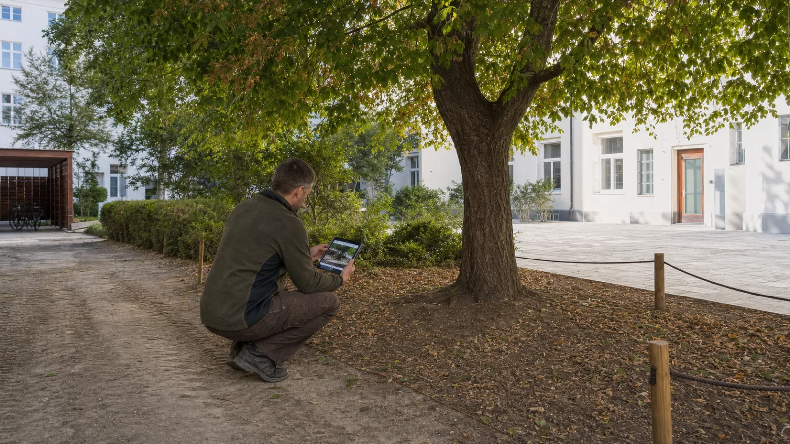 Baumfachkraft vergleicht den Zustand eines Wiener Hofbaums nach Bauarbeiten mit früheren Fotos