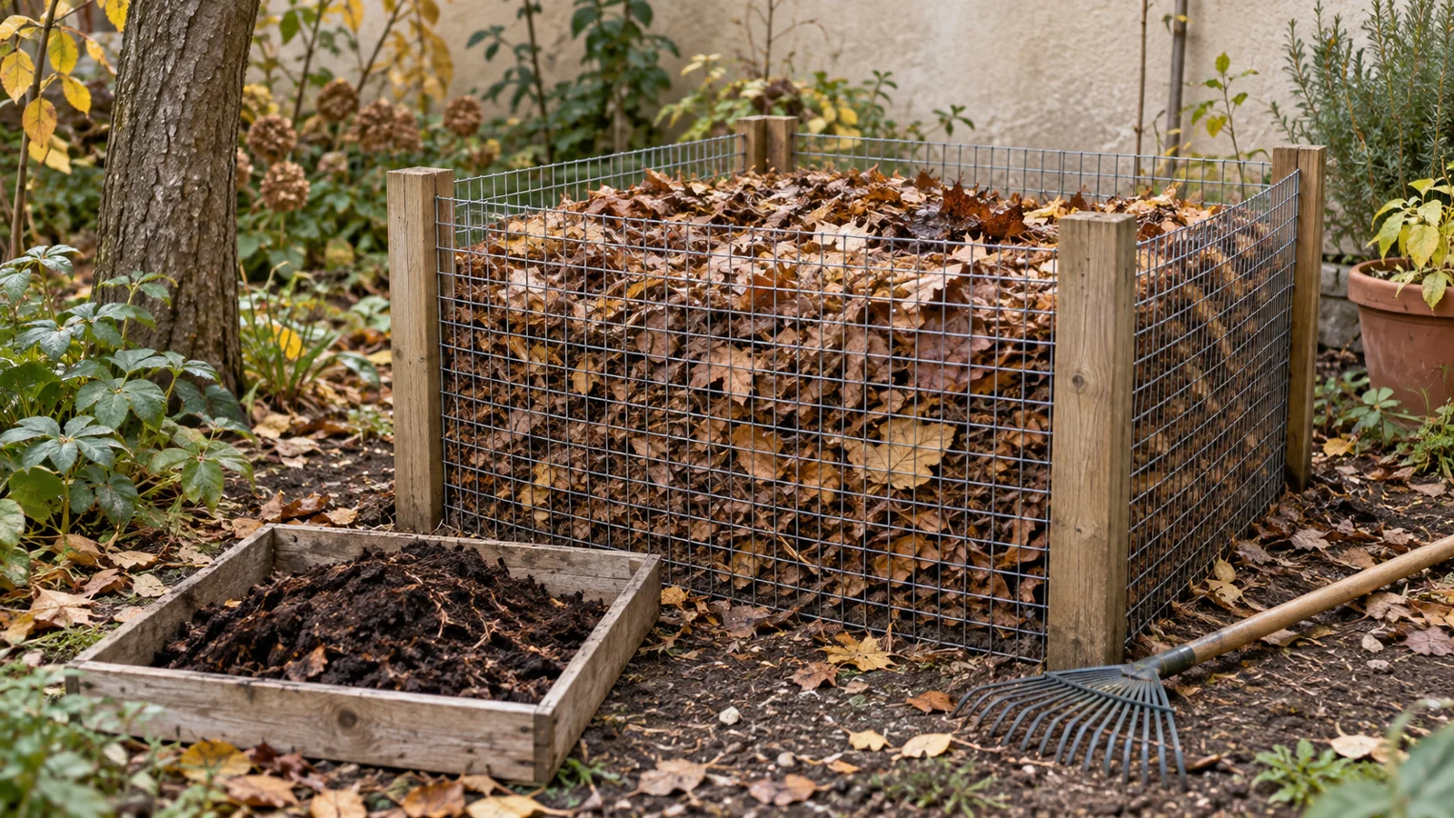 Laubgitter mit braunem Herbstlaub und separater Schale mit dunklem Laubhumus in einem kleinen Garten