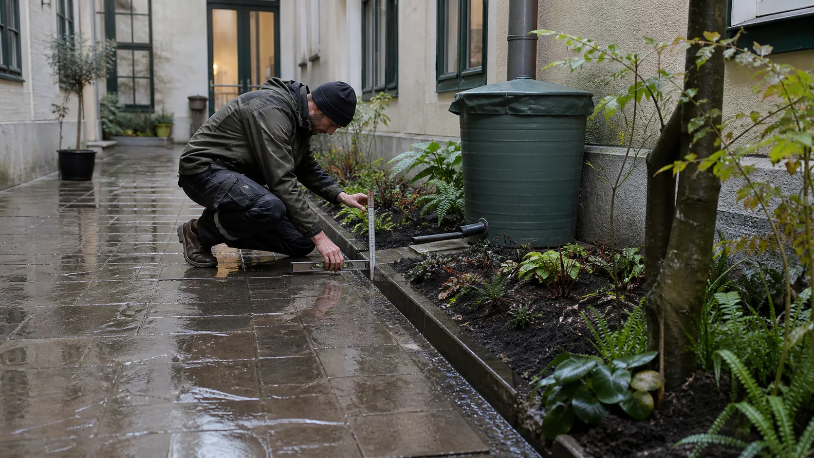 Gartenfachkraft prüft nach Regen Gefälle und Überlauf an einer Pflanzfläche in einem Wiener Innenhof